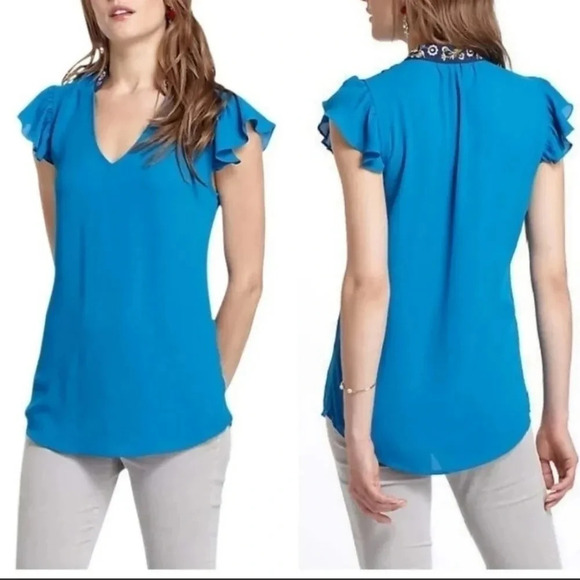 Anthropologie HD in‎ Paris sz 4 blue Flutter sleeve Embroidered Neck blouse top - Picture 1 of 10